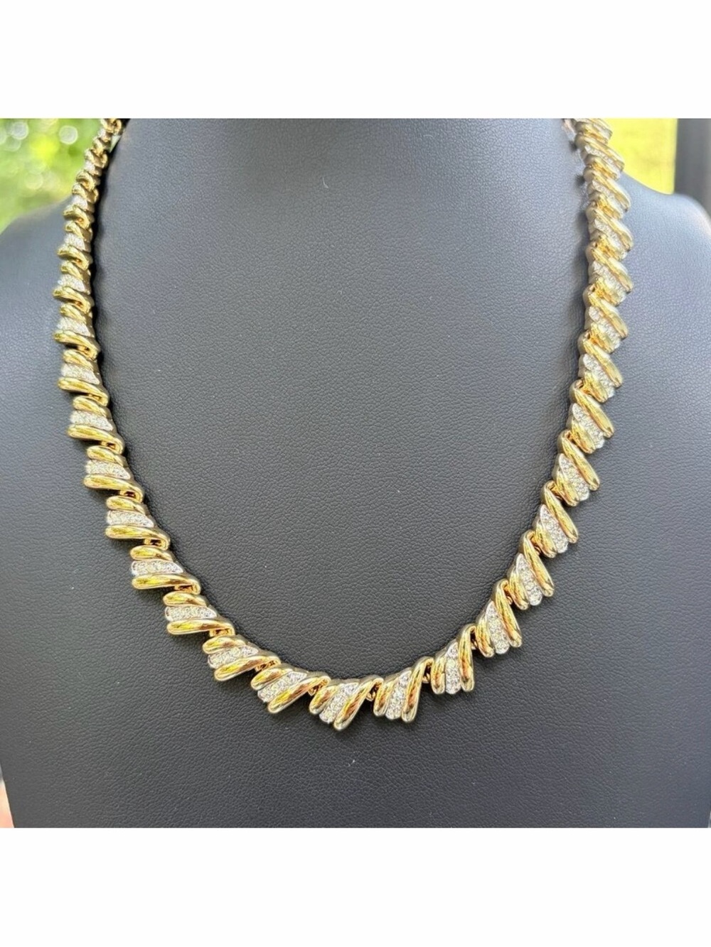 Nina Ricci Vintage Two-Tone Gold & Silver Rhinestone Scalloped Link Necklace 16"